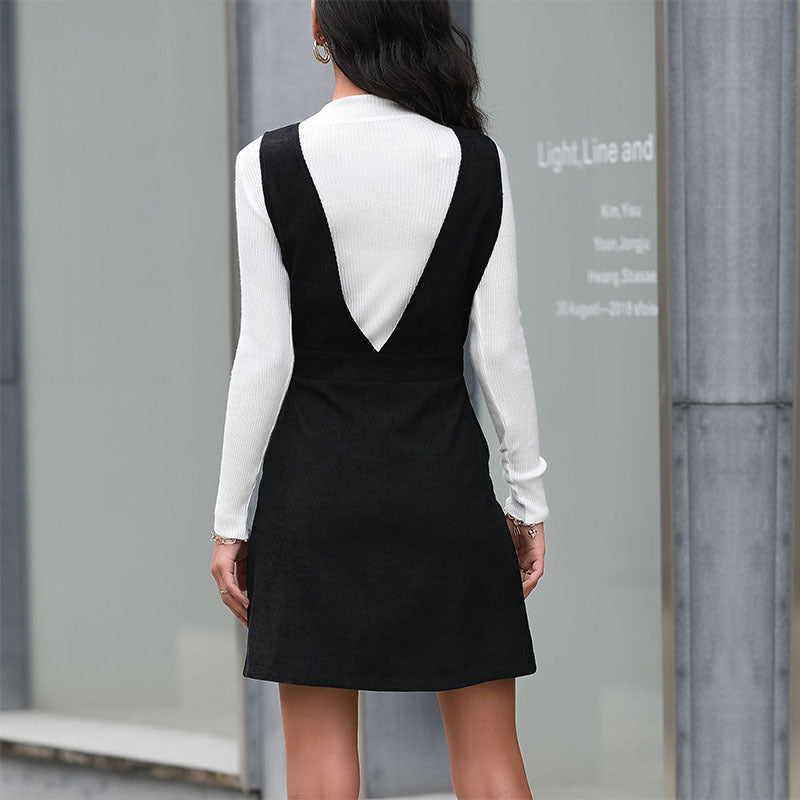 Women Slim Corduroy Black Strap Short Dress Wholesale