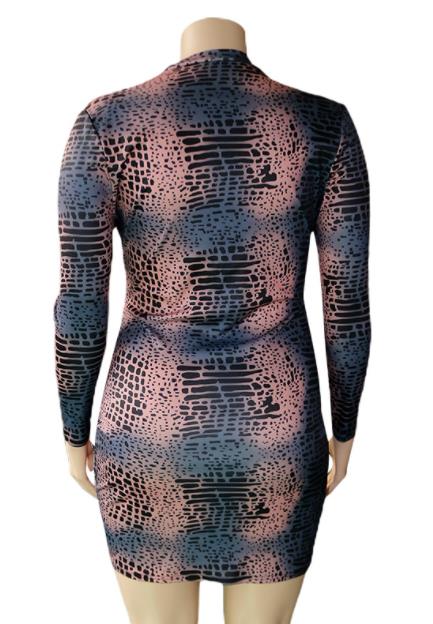 Plus Size Women Hollow Sexy Printed Zipper Long Sleeve Dress