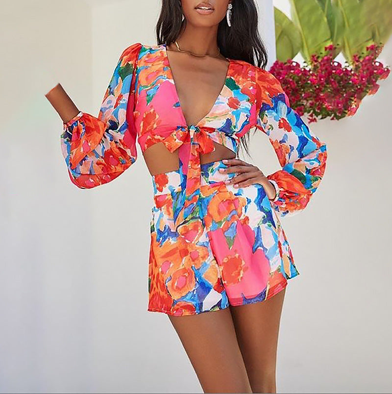 Tie Front Puff Sleeve Crop Top Matching Shorts Two Pieces Floral Pattern Sets Wholesale