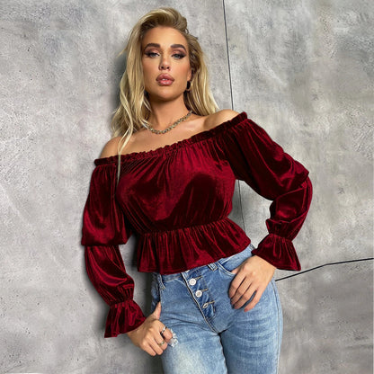 Long-Sleeved Women T-Shirt Off Shoulder Design Wholesale Crop Tops