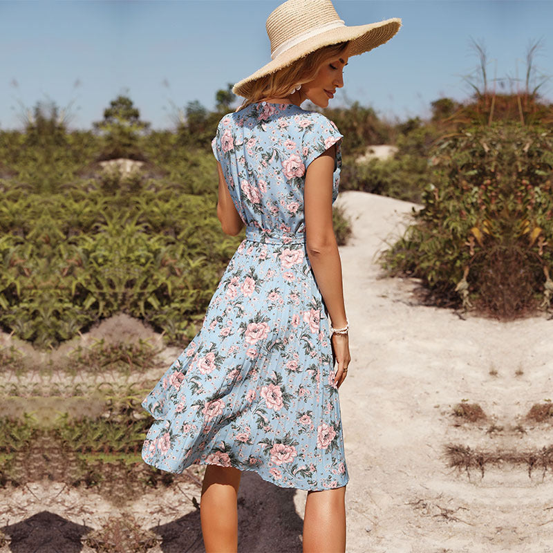 Floral Print Cap Sleeve Tie Waist Wholesale Flared Dresses Summer