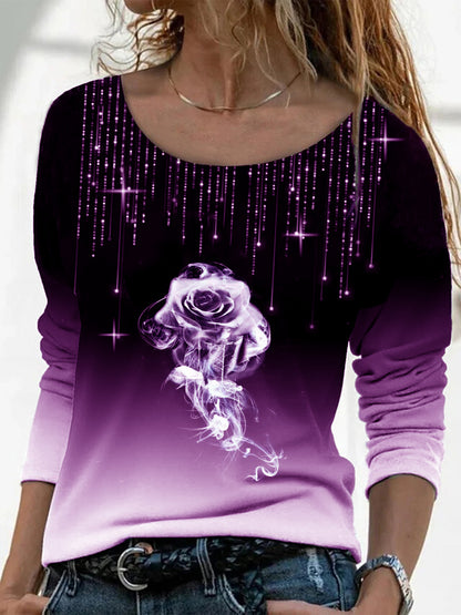 Long Sleeve Round Neck Gradient T-Shirt Whit Rose Print