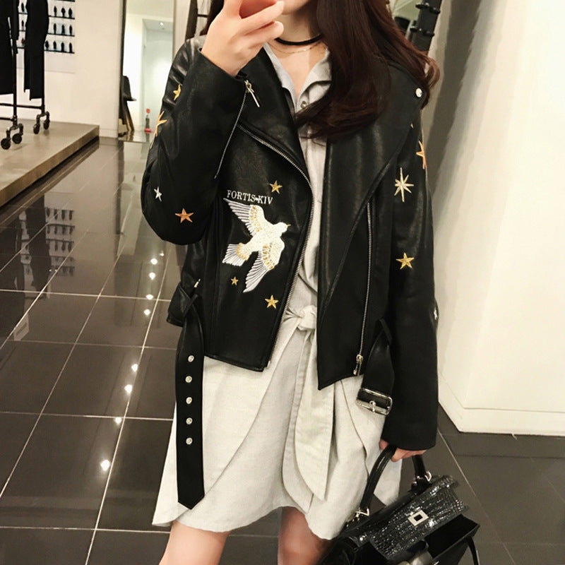Embroidered PU Lapel Wholesale Coats And Jackets