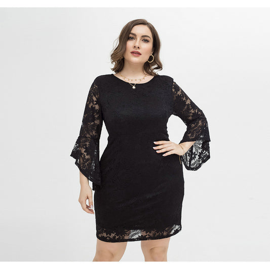 Plus Size Lace Flare Sleeve Slim Short Dress