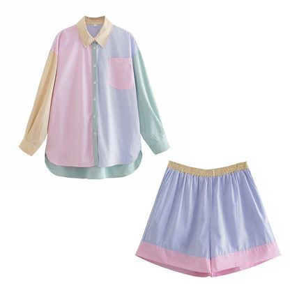 New Fashion Two Pieces Colorblock Stitching Shirt & Elastic Waist Shorts SO060005