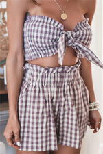 Plaid Print Sexy Wrap Chest Bowknot Tube Tops & Shorts Vacation Wholesale Womens 2 Piece Sets