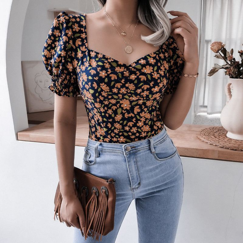 Casual Puff Sleeve Square Neck Floral Printed Chiffon Retro Womens Tops Wholesale T Shirts