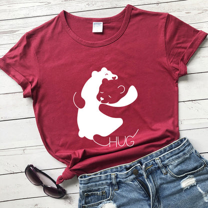 Hug Bear Print Short Sleeve Round Neck Womens Tops Casual Wholesale T-Shirts