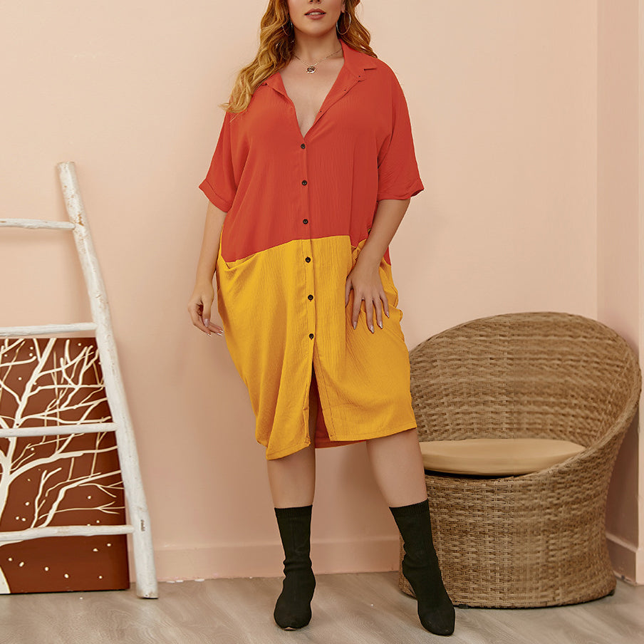 Plus Size Color Blocking Shirt Dress Wholesale