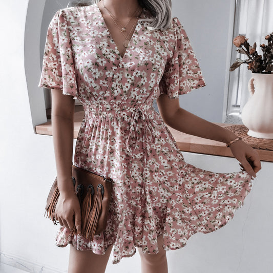 Floral Ruffle Pleats Flare Sleeve Wholesale Summer Dresses