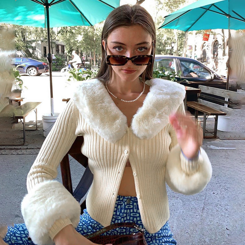 Fashion Women Knitted Top Sweater With Fur Collar