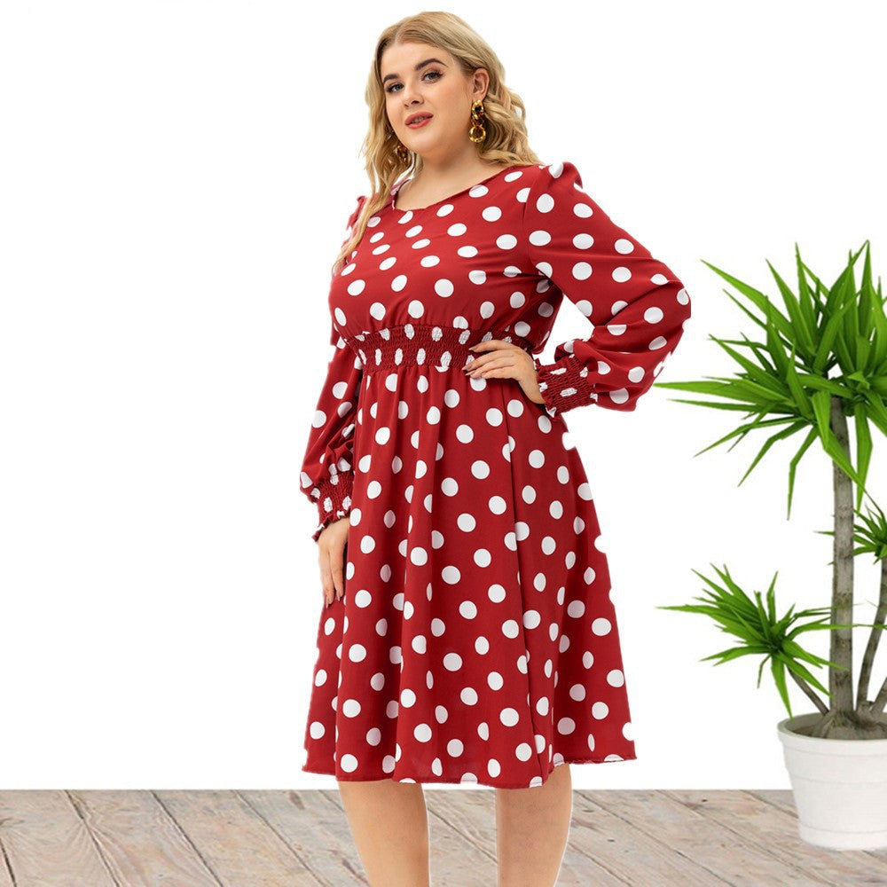 Xmas Plus Size Wholesale Long-Sleeved Polka-Dot Midi Dress