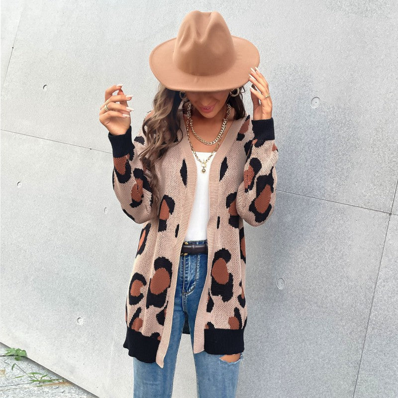 Women Wholesale Clothing Outwear Leopard Pattern Knitted Long Cardigan