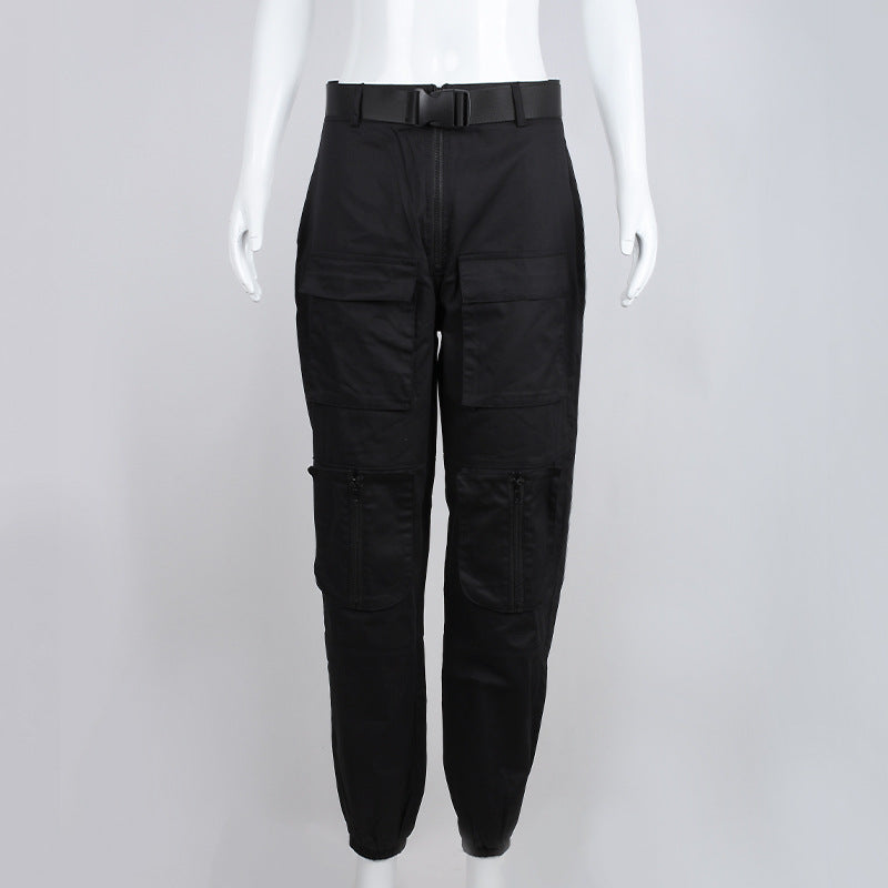 Solid Pocket Belt Up High Waist Zipper Overalls