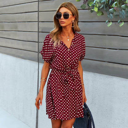 Polka Dot Printed Wholesale Dresses Short Sleeve Women Casual Dress