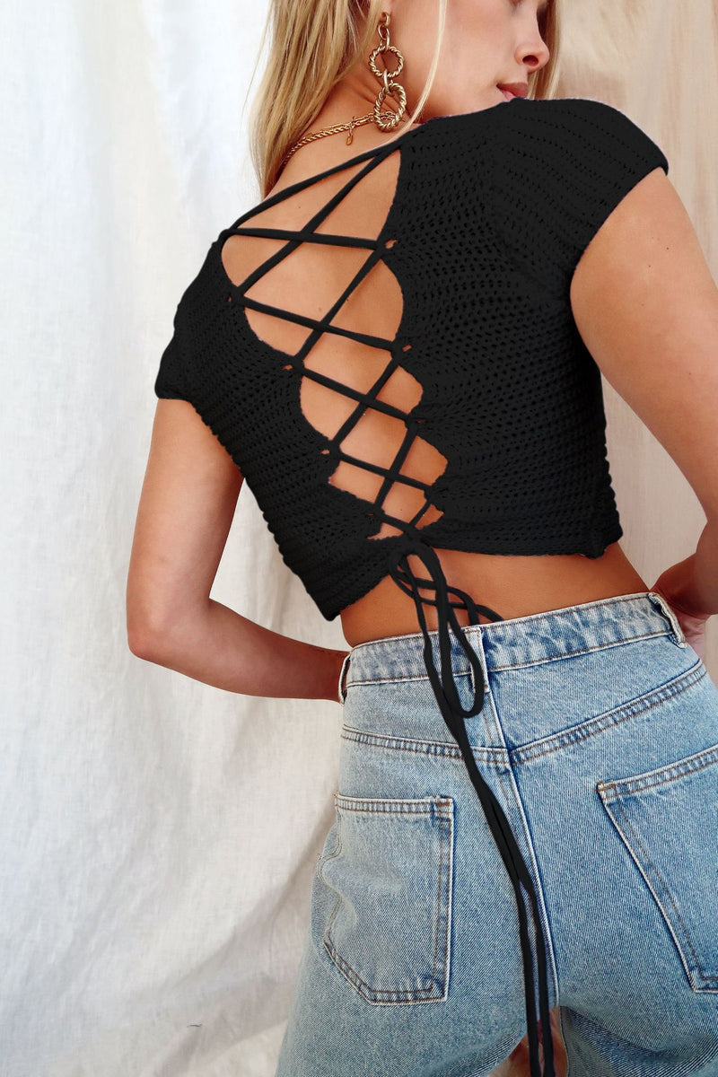 Solid Color Low Cut Backless Tie Cropped Shirts Knit Slim Fit Sexy Women'S Wholesale Crop Tops
