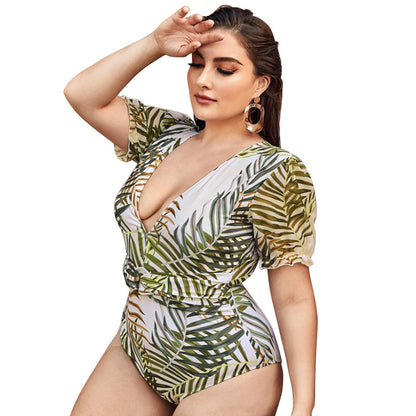 Leaf Print Low Cut One Piece Plus Size Swimwear Wholesale