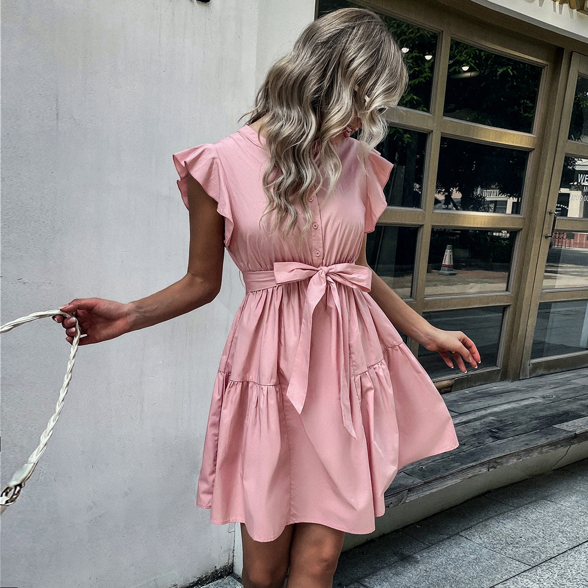 Solid Color Loose Casual Wholesale Dresses Ruffled Fly-Sleeved Dresses