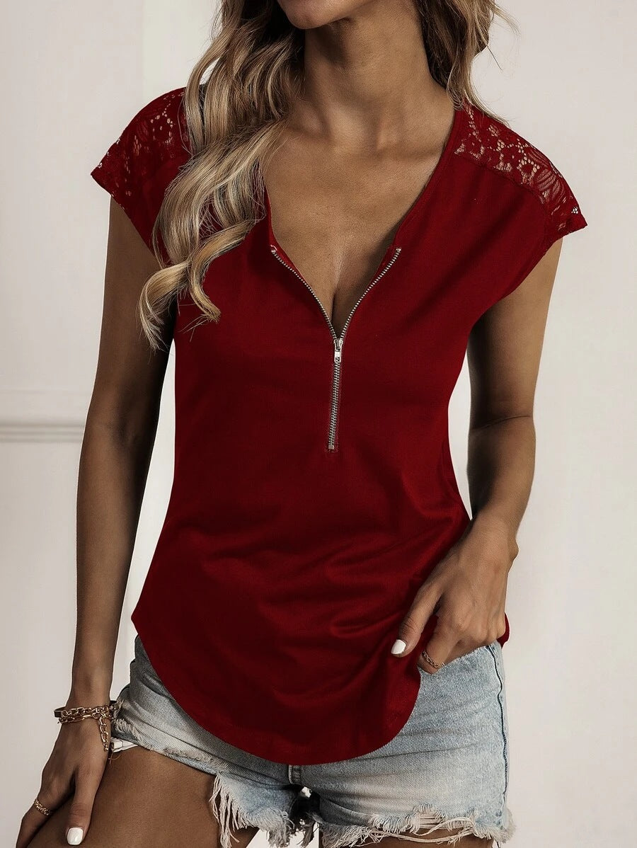 Crew Neck Solid Color Half Zip Lace Loose Short Sleeve Women'S Tops Casual Wholesale T Shirts ST531071