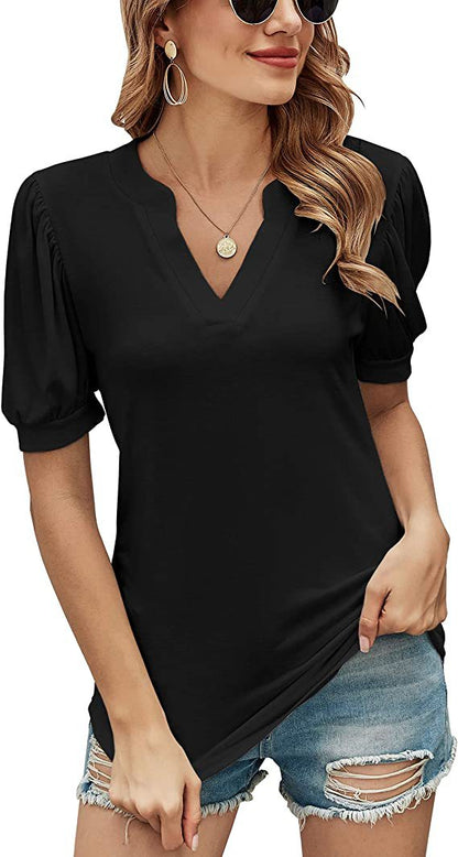 Women Fashion V Neck Short Sleeve Plain Wholesale T-shirts Blouses Summer