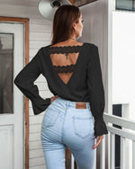 Solid Flare Sleeve V-Neck Blouse Wholesale Clothing ST070040