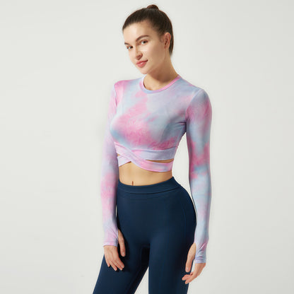 Long Sleeve Tie Dye Slim O-neck Asymmetrical Activewear Crop Top