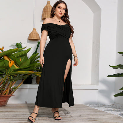 Solid Color Off Shoulder V Neck High Waist Split Hem Wholesale Plus Size Dresses