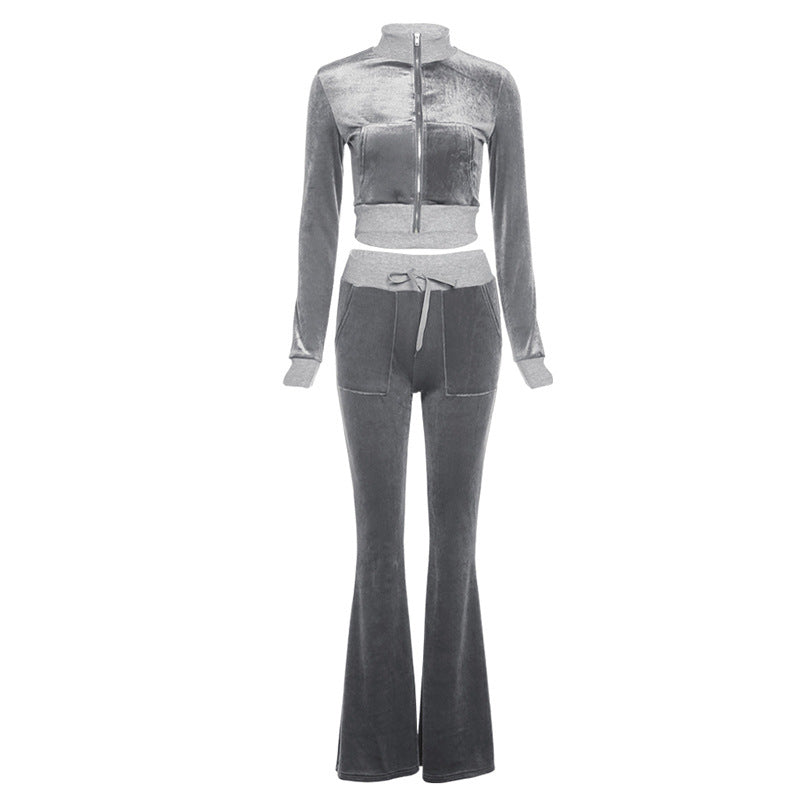 Plain Velvet Zipper Top With Pants Women Tracksuits