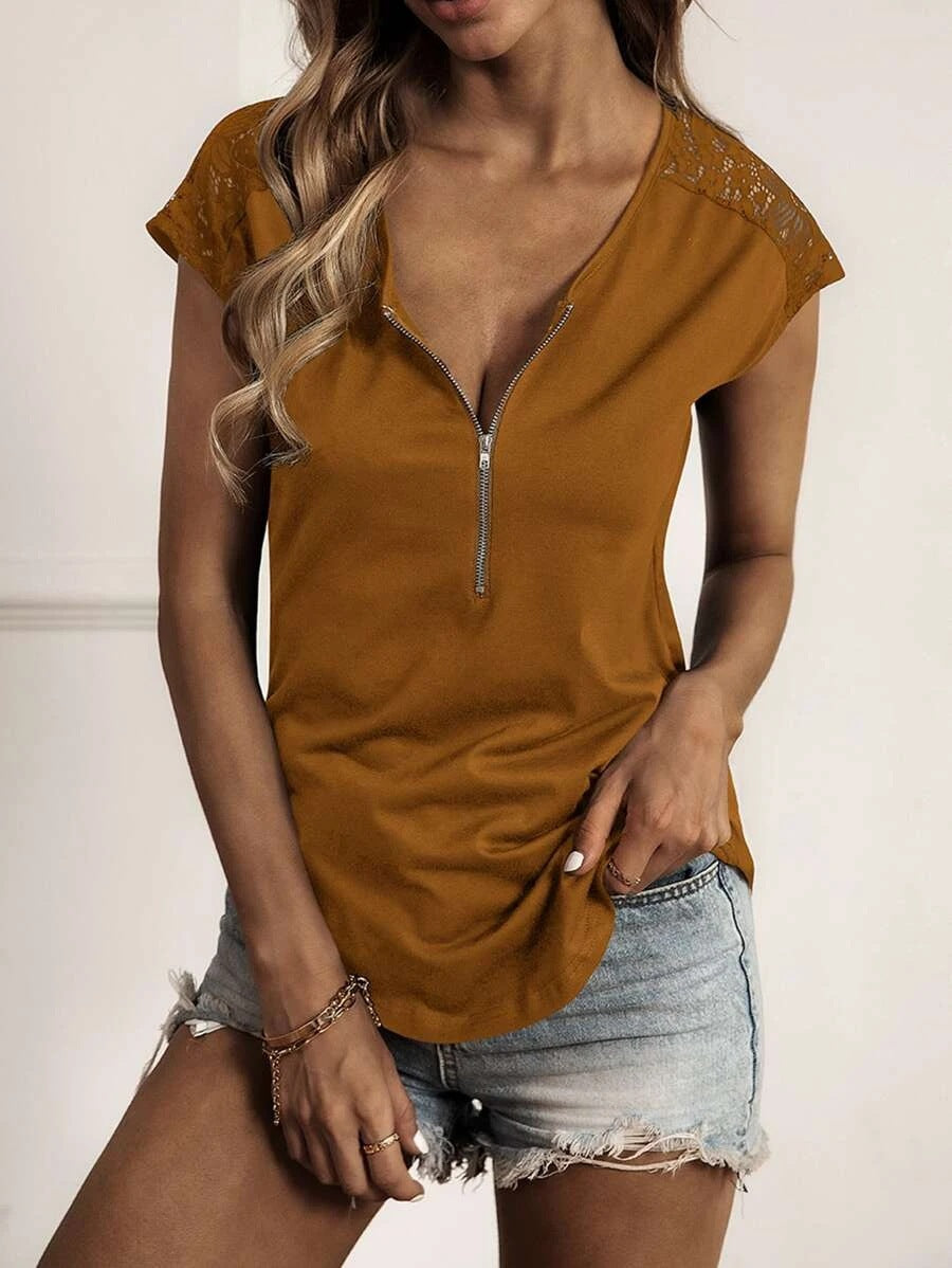 Crew Neck Solid Color Half Zip Lace Loose Short Sleeve Women'S Tops Casual Wholesale T Shirts ST531071