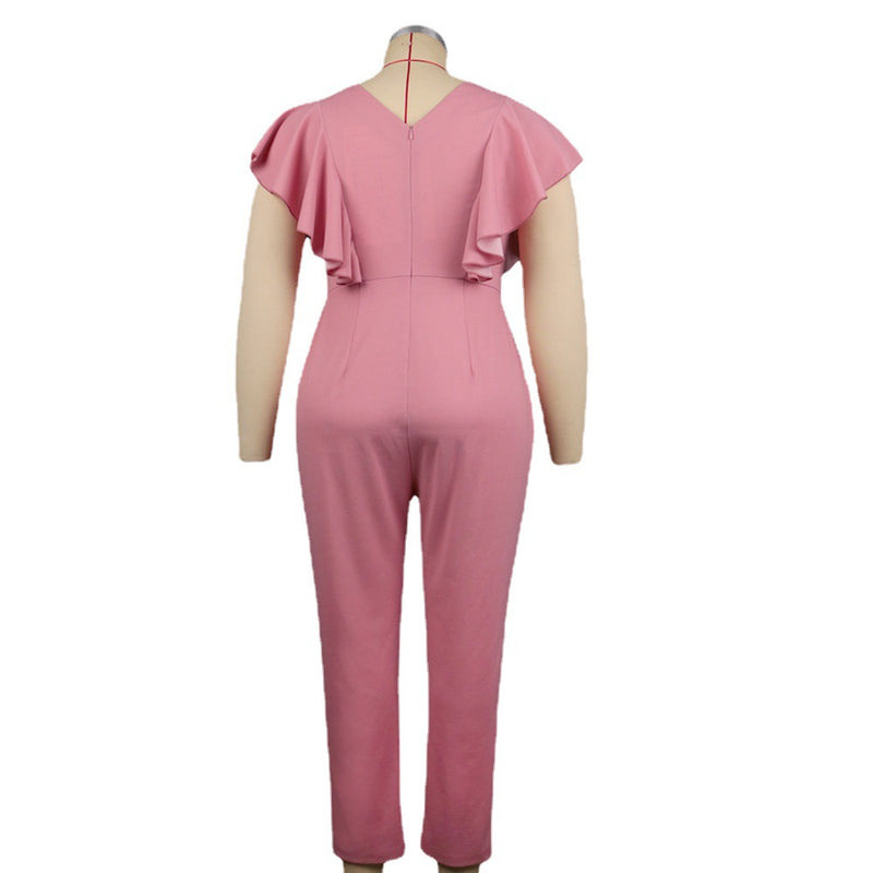 Plus Size Pink V Collar Button High-Waist Wide-Legged Pants Jumpsuit Body Suit