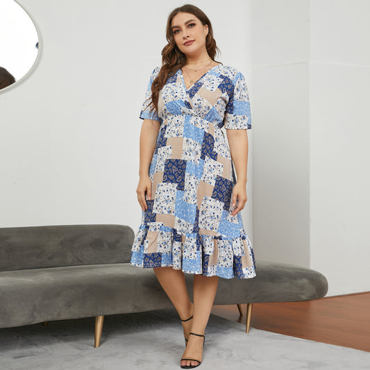 Plus Size Printing Wholesale Slim Midi Dress