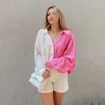 Button Down Loose Batwing Sleeve Colorblock Long Shirt