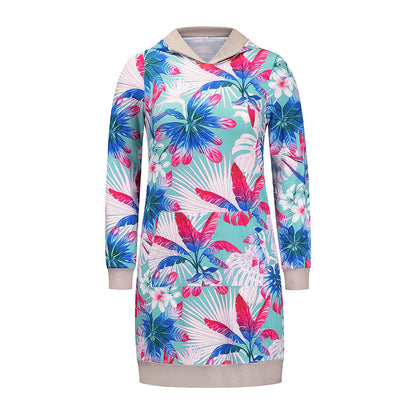 New Women Casual Flower Print Mid-length Hoodie Dress