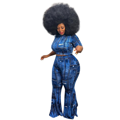 Denim Print Crop Top + Flare Pants Plus Size Two Piece Sets Wholesale