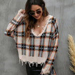 V-Neck Pullover Fashion Women's Checkered Loose Wholesale Knitted Sweater