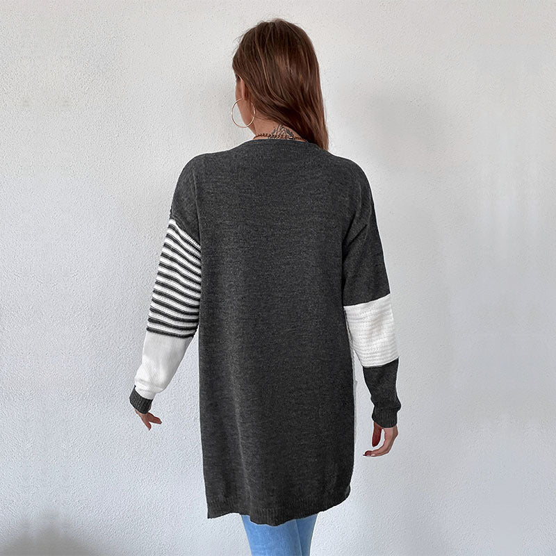 Women Stitching Striped Cardigan Sweater Coat Women Wholesale