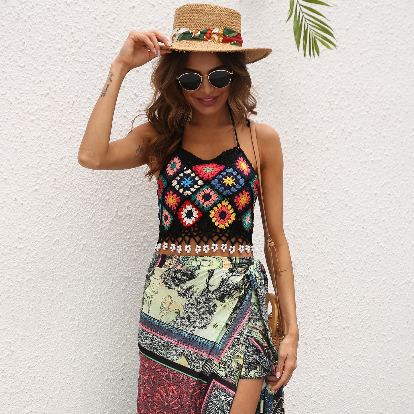 Ethnic Style Mixed Color Stitching Fringed Tie Bulk Crop Tops