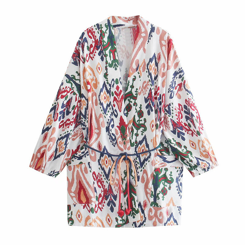 Printed Kimono Lace-up Women Coat Cardigan