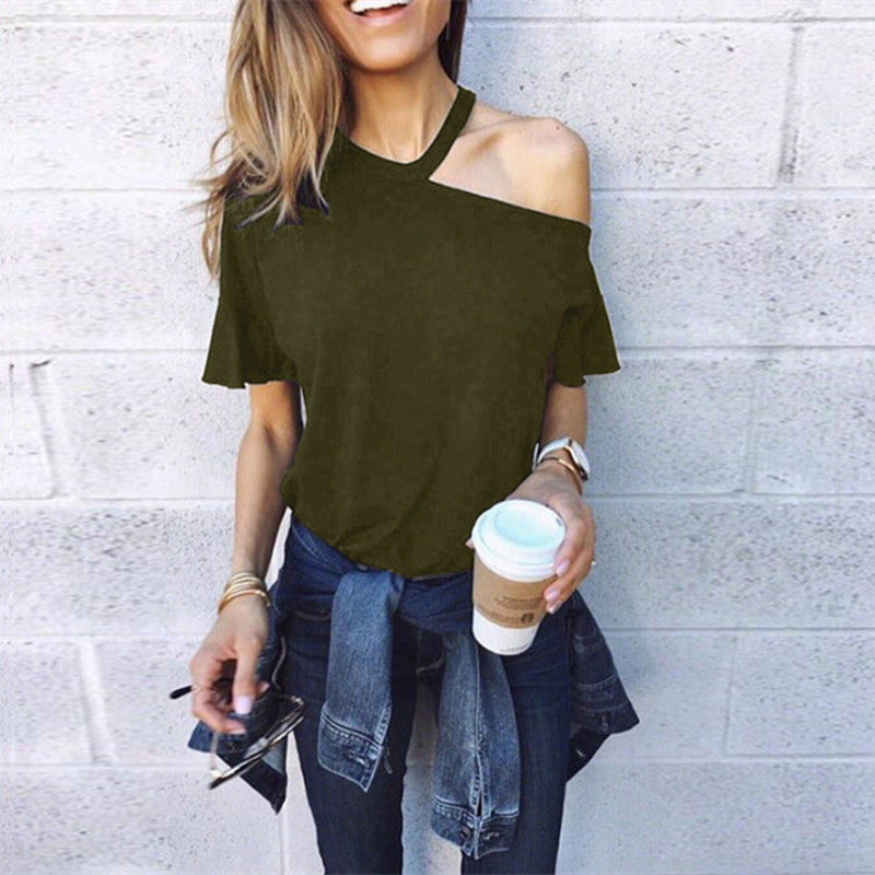 Solid Color Short Sleeved Halter Neck  Wholesale T Shirts Off Shoulder Top ST202063