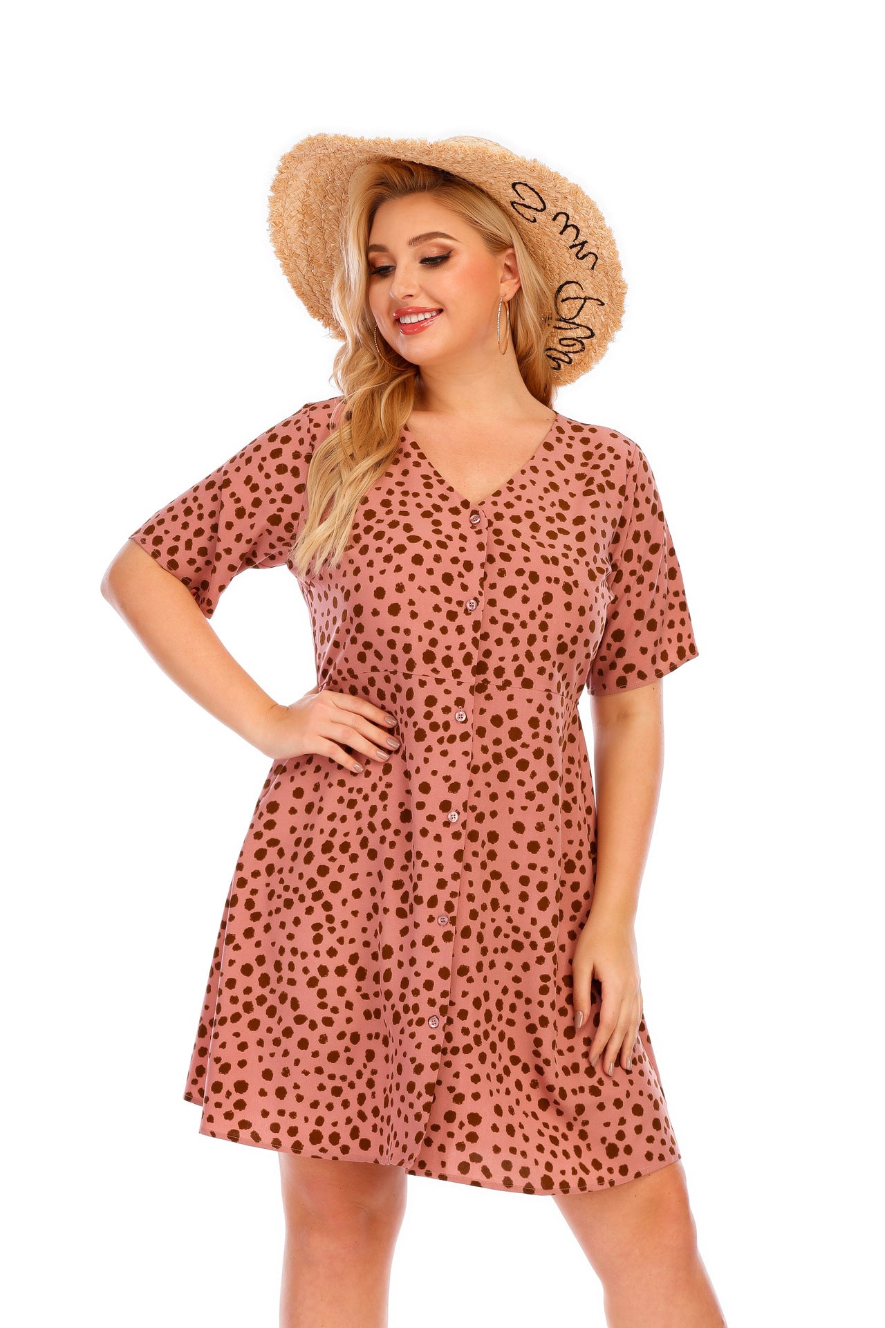 Dot Printed V Neck Casual Midi Curve Dresses Single-Breasted Wholesale Plus Size Clothing