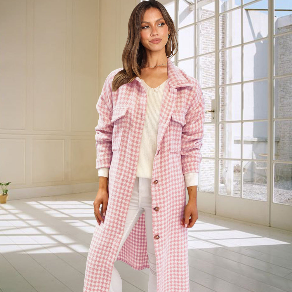 New Autumn And Winter Plaid Long-sleeved Long Cardigan Coat