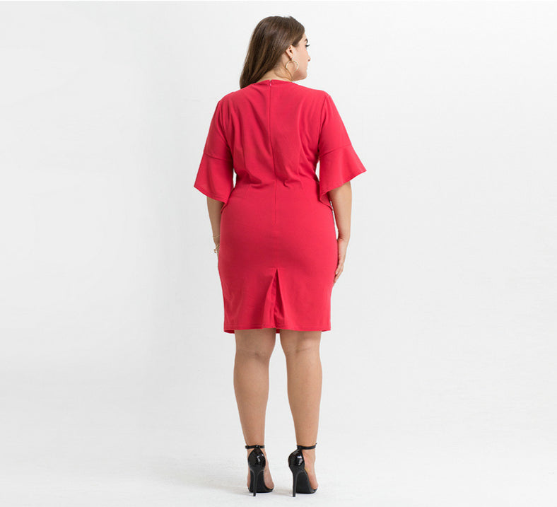 Plus Size Solid Flare Sleeve Low Cut V-Neck Slim Short Dress