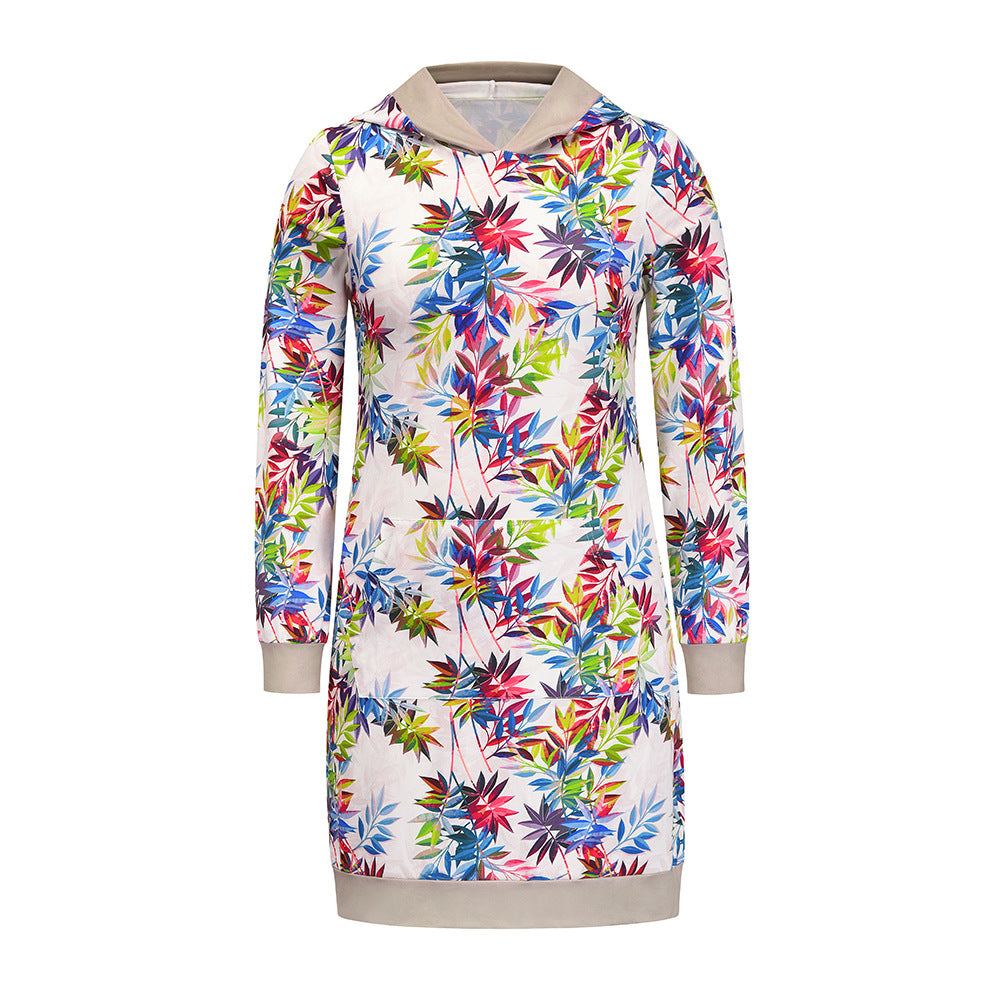 New Women Casual Flower Print Mid-length Hoodie Dress