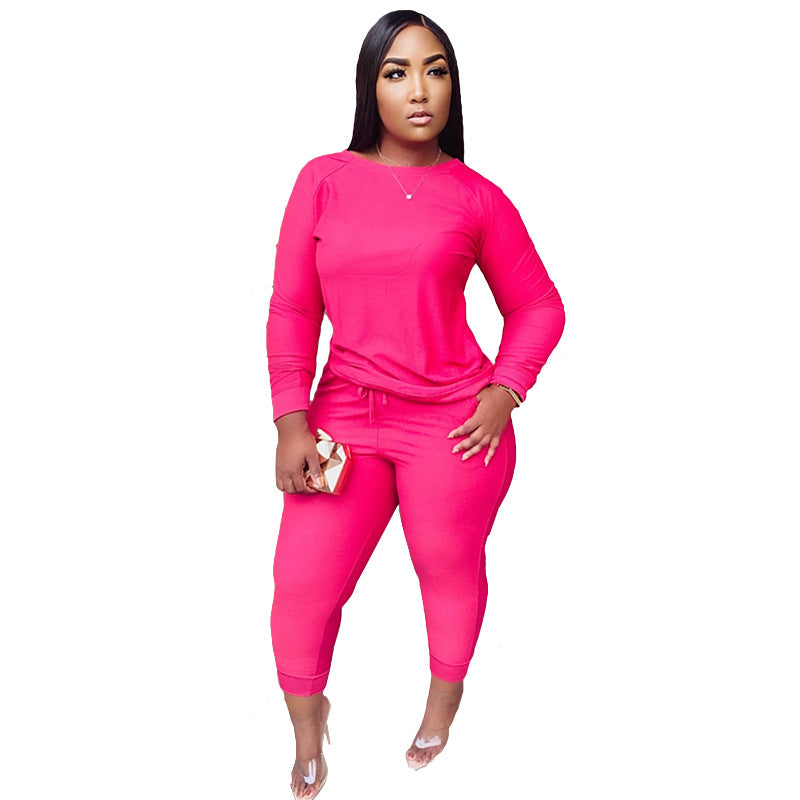 Two-piece Solid Color Round Neck Top And Trousers