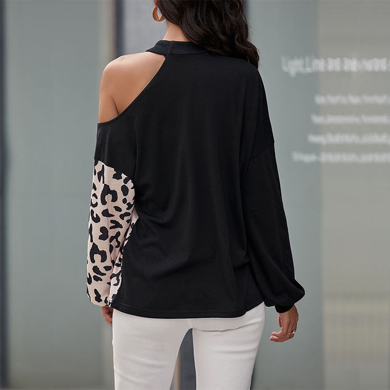 Ladies Long Sleeve Stitching Leopard Print Off-Shoulder T-Shirt Wholesale