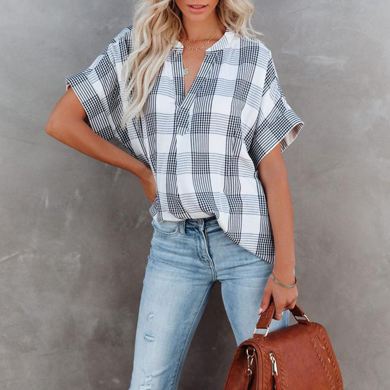 Plaid Print Short Sleeve V Neck Wholesale Blouses For Women Summer