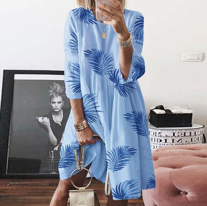 Fashion Print Cotton & Linen Round Neck Seven-Quarter Sleeves Loose Dress Casual Wholesale Dresses SD531710