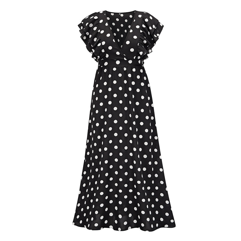 Deep V Polka Dot Print Nipped Waist Vintage Vacation Dress Ruffles Wholesale Maxi Dresses