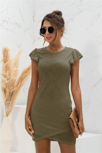 Solid Color Ruffle Short Sleeve Crossover Hem Casual Dresses Trendy T Shirt Dress Wholesale