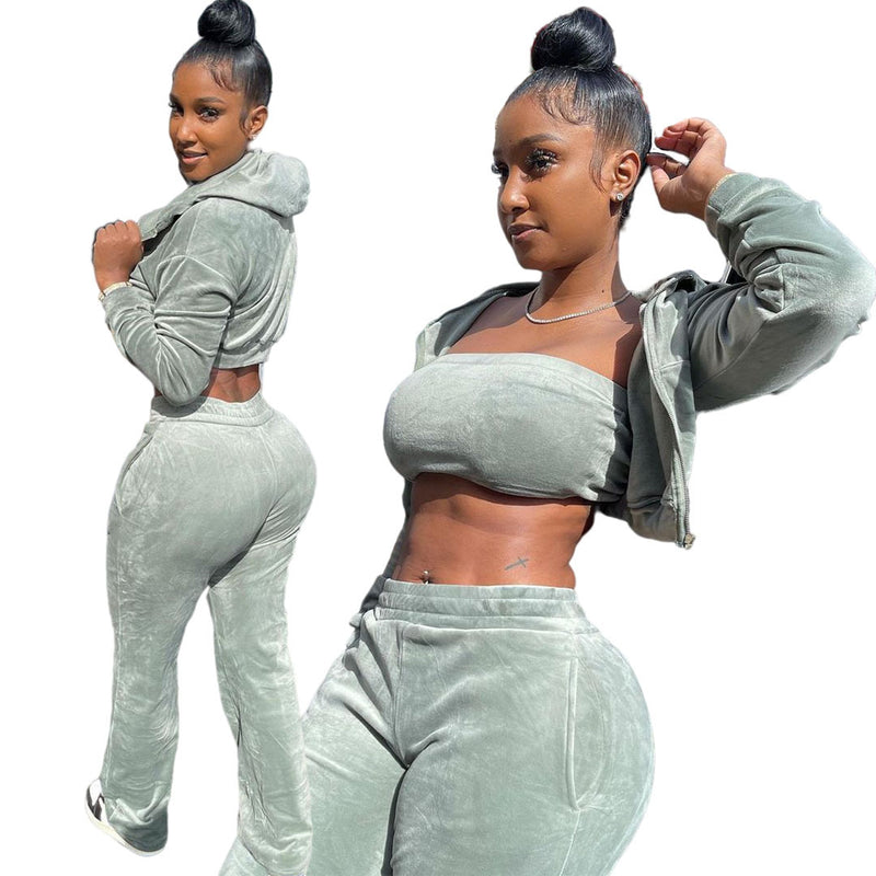 3pcs Women Wholesale Sets Short Hoodies Crop Top Pants